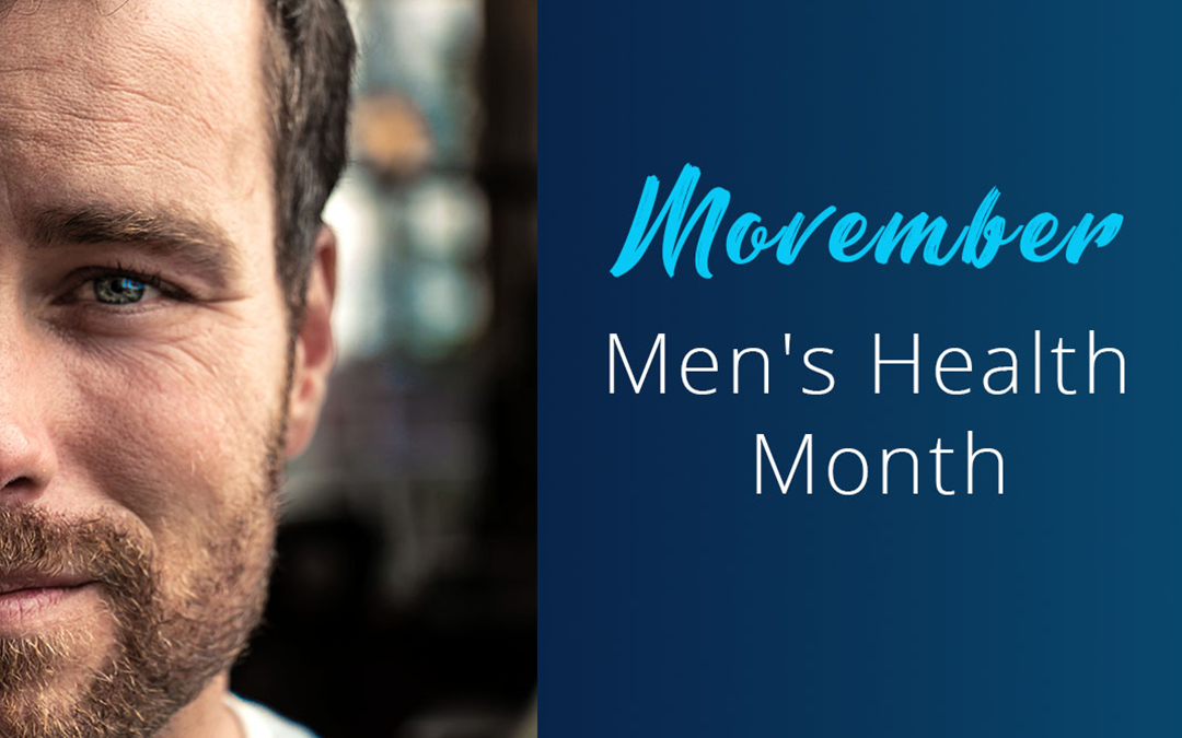 Movember Men's Health Month, image of a man with a beard smiling and text saying Movember Men's Health Month