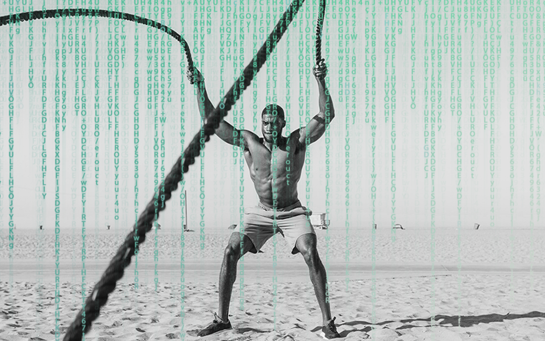 what is biohacking, image of a man on the beach doing rope exercises with a green matrix code falling over the image